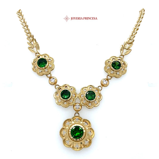 14K 16in Floral Gold Necklace with Green Gems