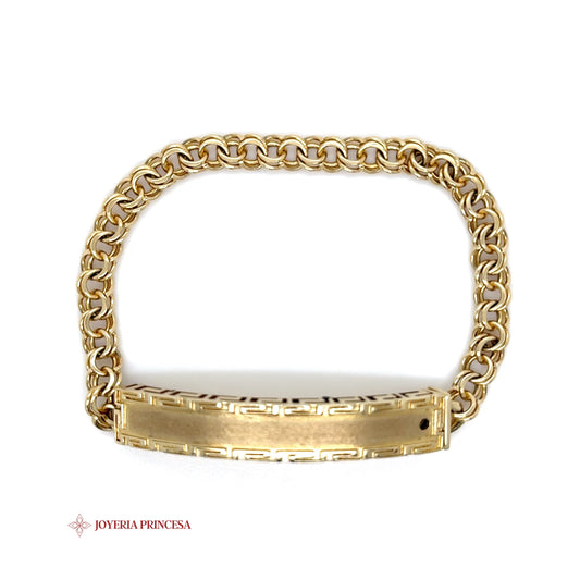 10K Gold ID Bracelet with Textured Greek Key Border