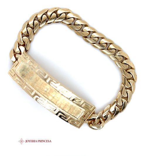14K Gold ID Bracelet with Cuban Links and Greek Key Frame