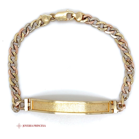 14K Tri-Color Gold ID Bracelet with Textured Links