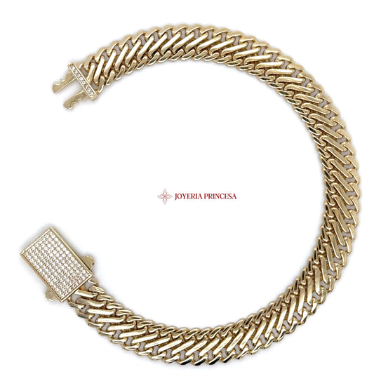 14K Gold Wide Herringbone Bracelet with Pave Clasp