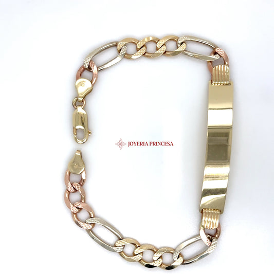 14K Tri-Color Gold Figaro ID Bracelet