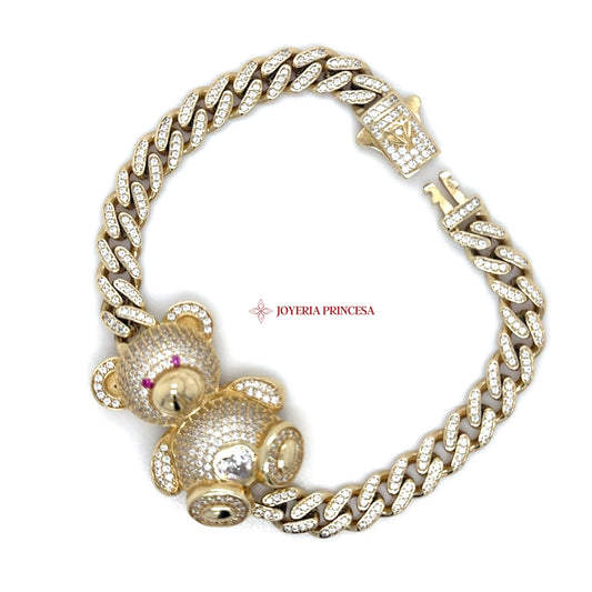 14K Yellow Gold Cuban Link Teddy Bear Bracelet with Diamonds and Rubies