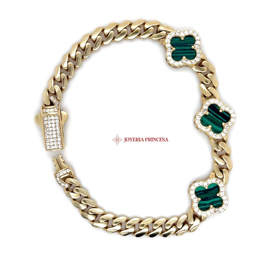 14K Gold Cuban Bracelet with Malachite Clovers