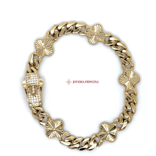 14K Gold Cuban Bracelet with Floral Motifs