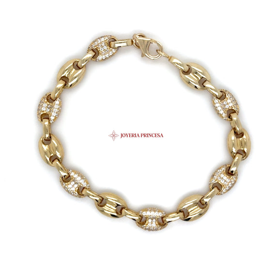 14K Gold Oval Link Bracelet with Pave Accents