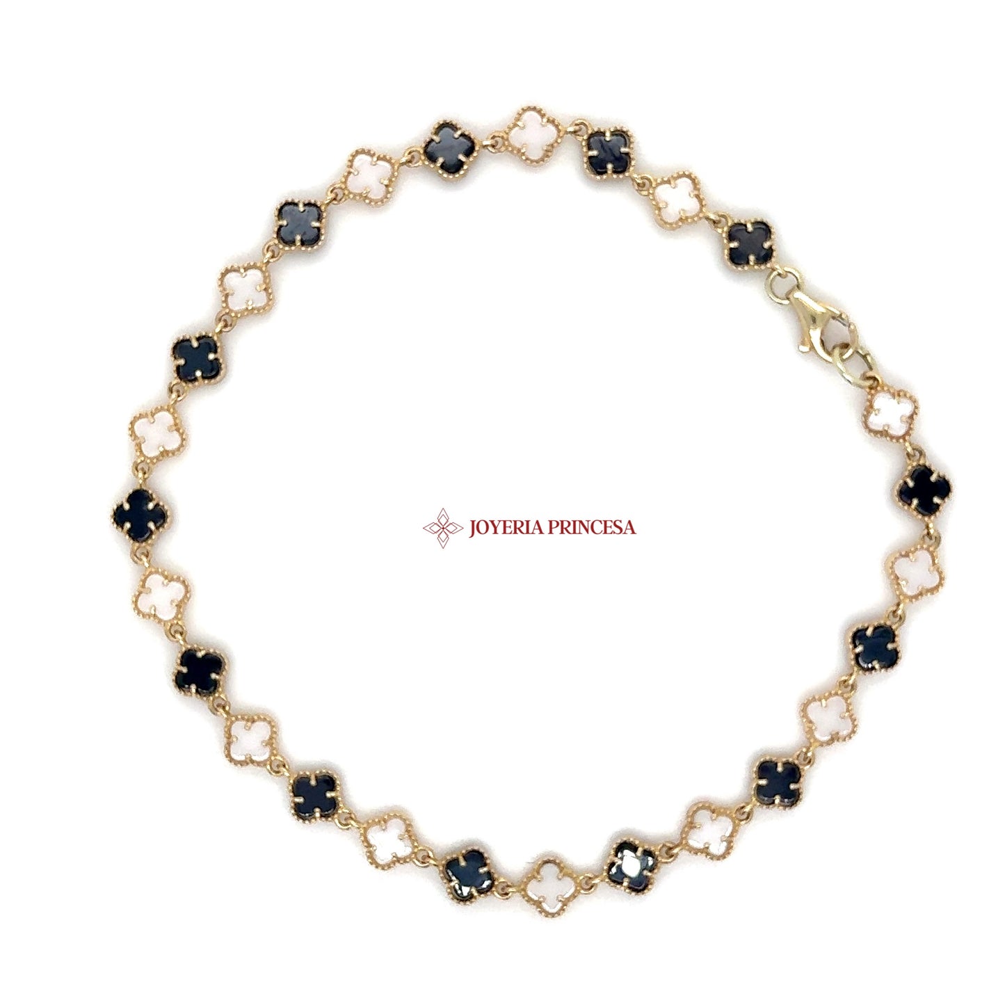 14K Gold Clover Link Bracelet (Black & White Enamel)