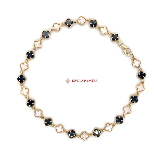 14K Gold Clover Link Bracelet (Black & White Enamel)