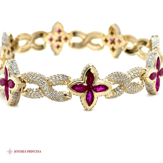 14K Gold Ruby & Pave Floral Bracelet