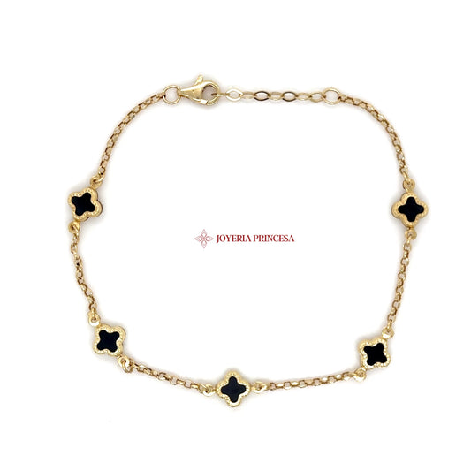 14K Gold Clover Station Bracelet (Black Enamel)