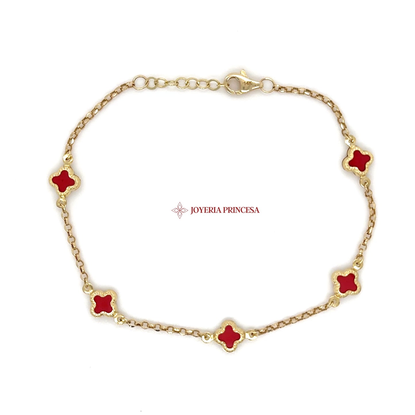 14K Gold Red Clover Station Bracelet