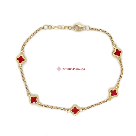 14K Gold Red Clover Station Bracelet
