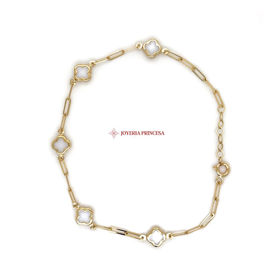 14K Gold Paperclip Clover Bracelet (White Enamel)