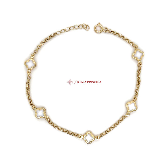 14K Gold Clover Station Bracelet (White Enamel)