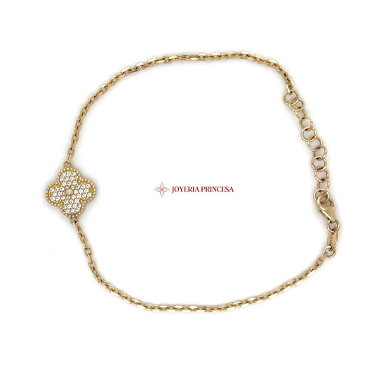 14K Gold Clover Bracelet with CZ Accents