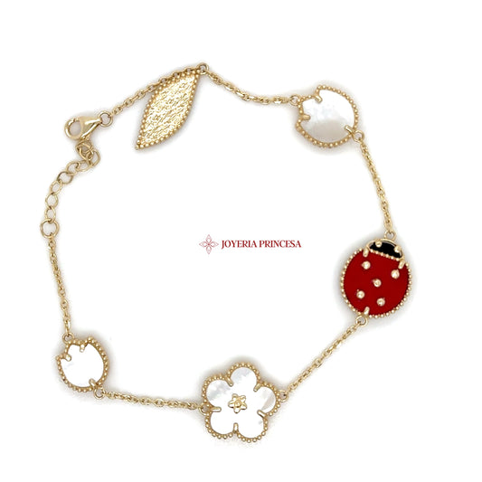 14K Gold Ladybug & Floral Bracelet