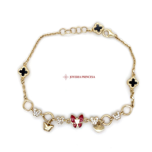 14K Gold Butterfly & Heart Charm Bracelet
