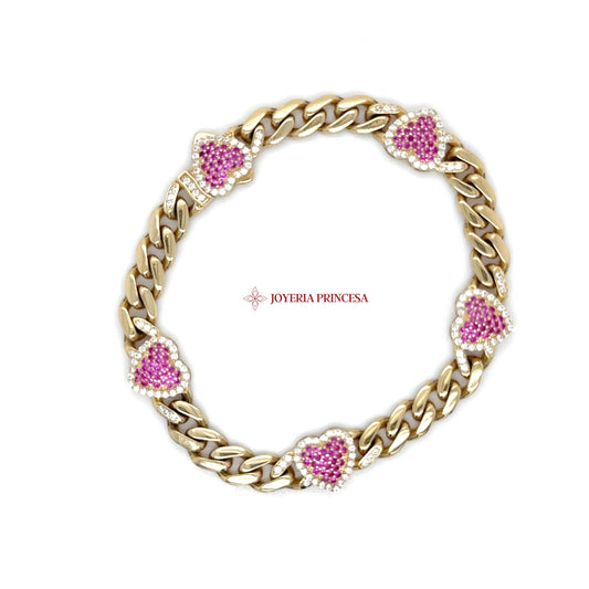 14K Heart-Shaped Pink Zirconia Bracelet