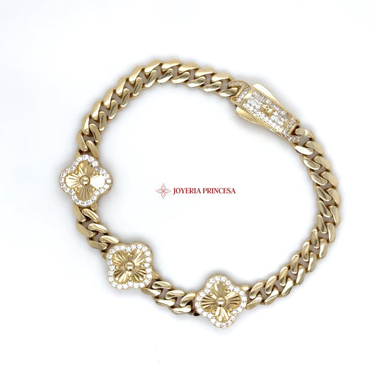 14K Elegant Floral Cuban Link Bracelet