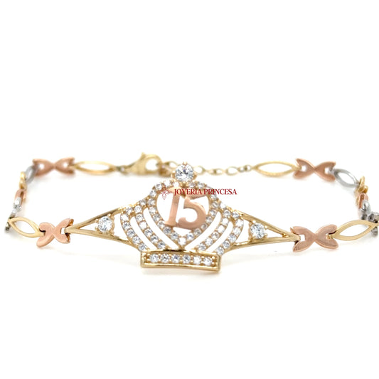 14K Elegance Quinceanera Crown Bracelet with Cubic Zirconias