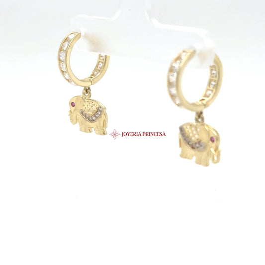 14K Gold Elephant Dangle Earrings with CZ and Ruby