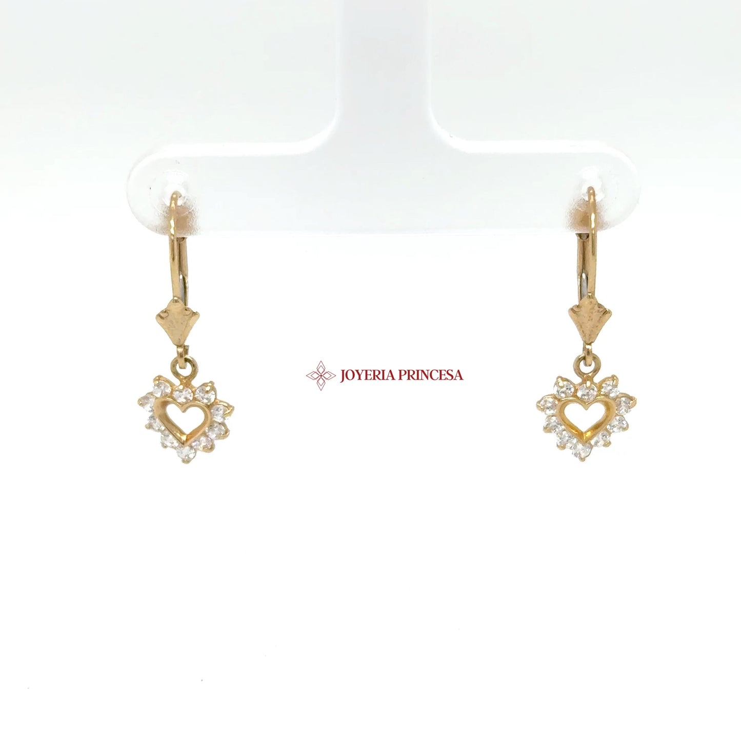 14K Gold Heart Motif Dangle Earrings with Cubic Zirconias