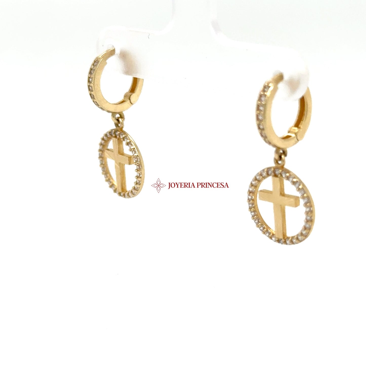 14K Gold Cross Huggie Earrings with CZ Stones