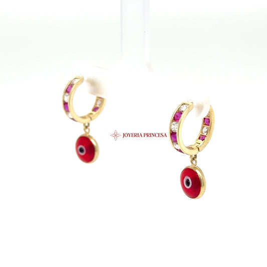 14K Gold Huggie Earrings with Red and Pink Cubic Zirconias