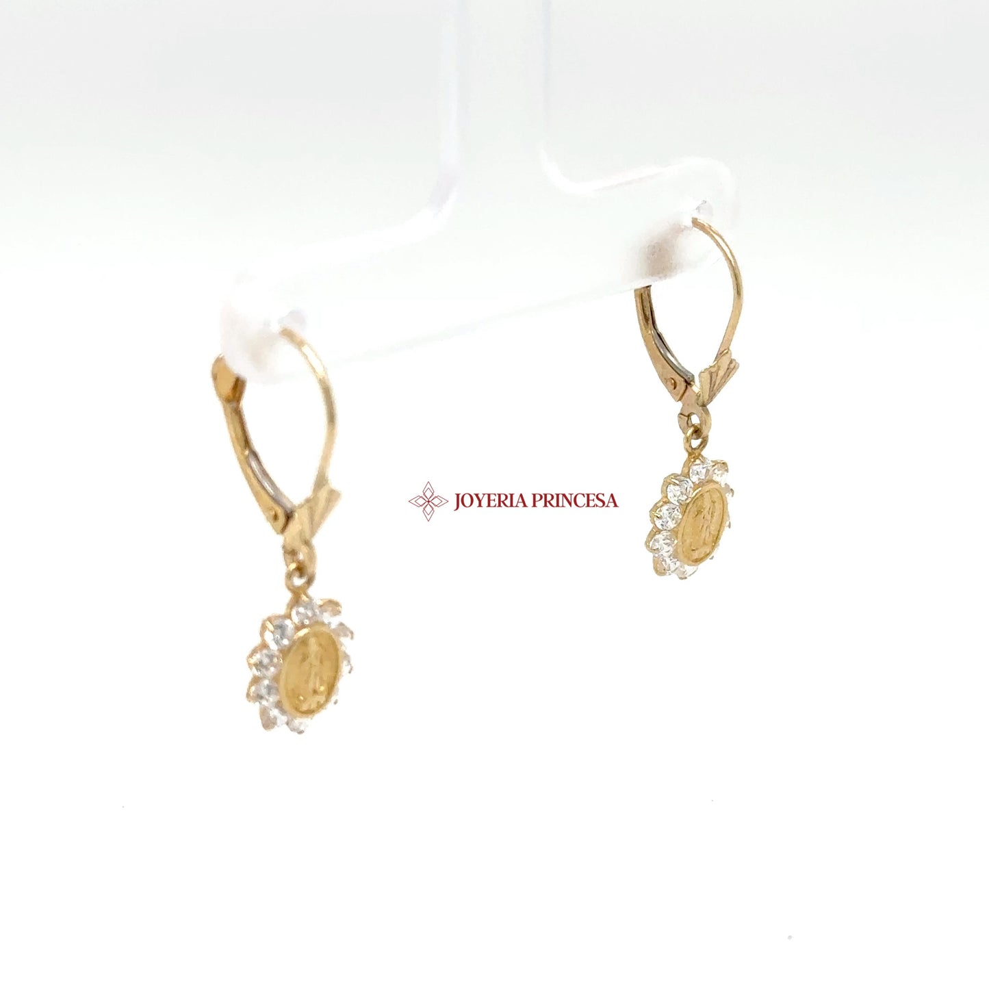 14K Gold Dangle Earrings with Oval Motif and CZ Stones