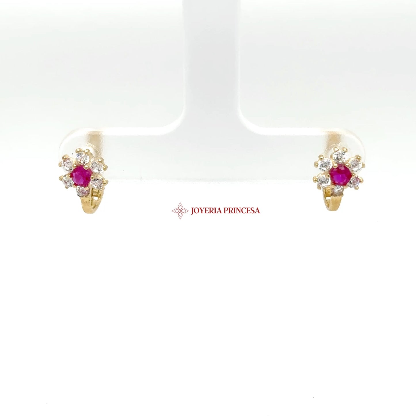 14K Gold Stud Earrings with Ruby CZ and Floral Motif