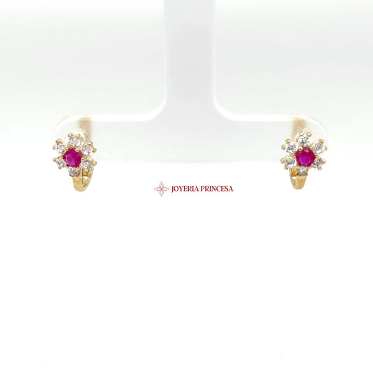 14K Gold Stud Earrings with Ruby CZ and Floral Motif