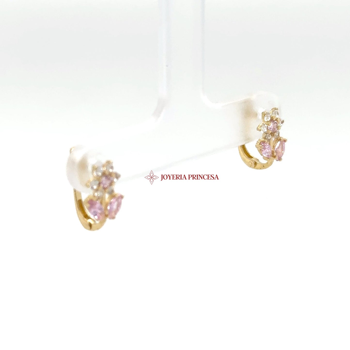 14K Gold Pink Floral Stud Earrings with CZ Stones