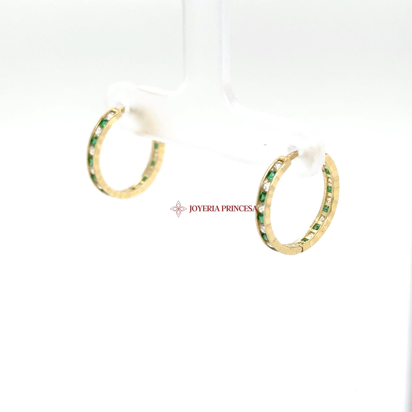 14K Gold Huggie Earrings with Green CZ Stones