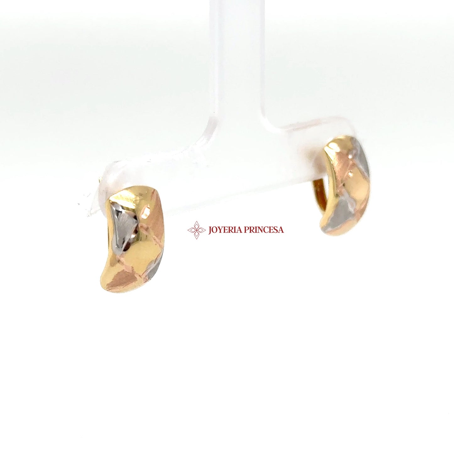 14K Tri-Color Gold Huggie Earrings with Textured Finish