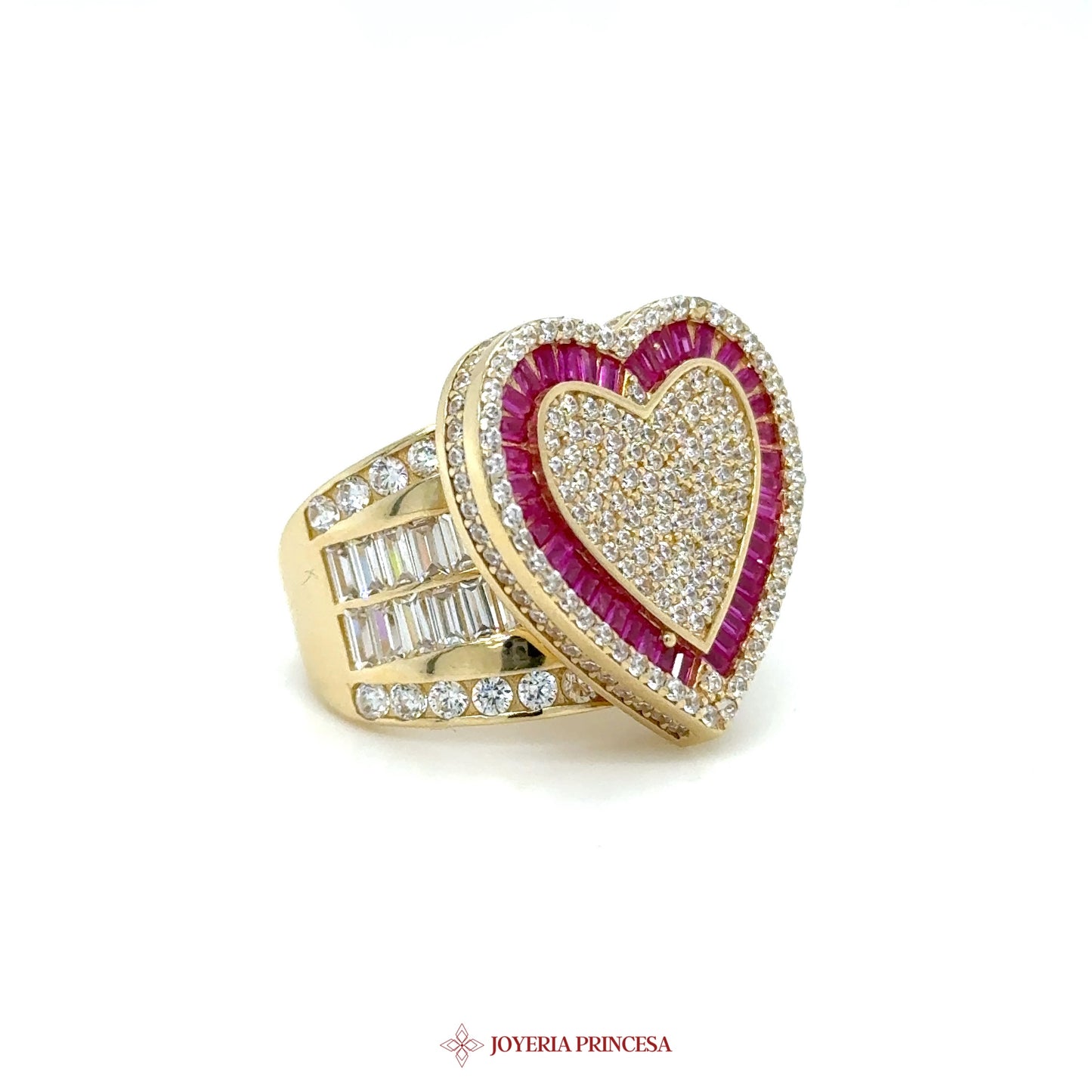 14K Heart-Shaped Ring with Rubies and CZ Stones