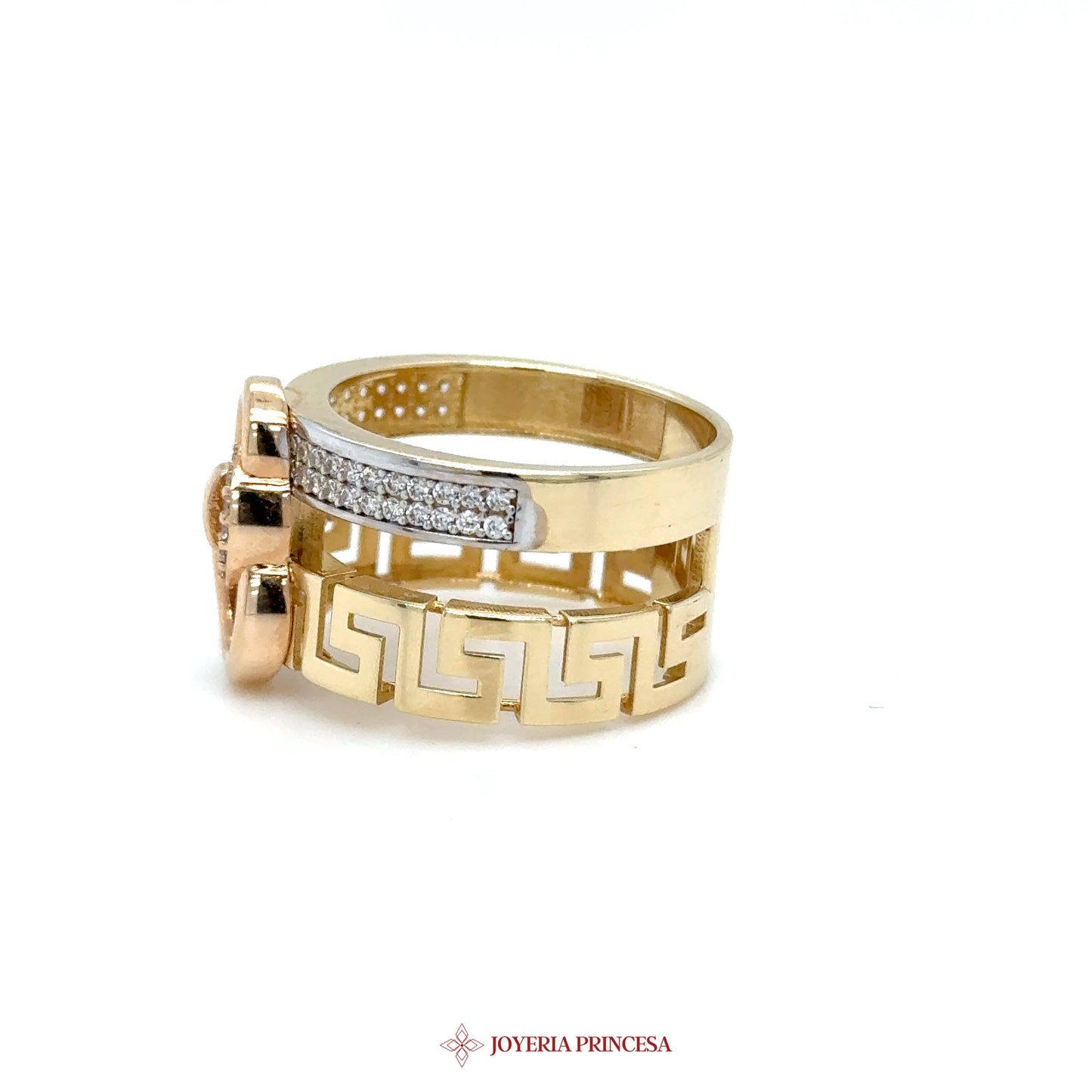 14K Gold Double Band Ring with Floral Motif and CZ Stones