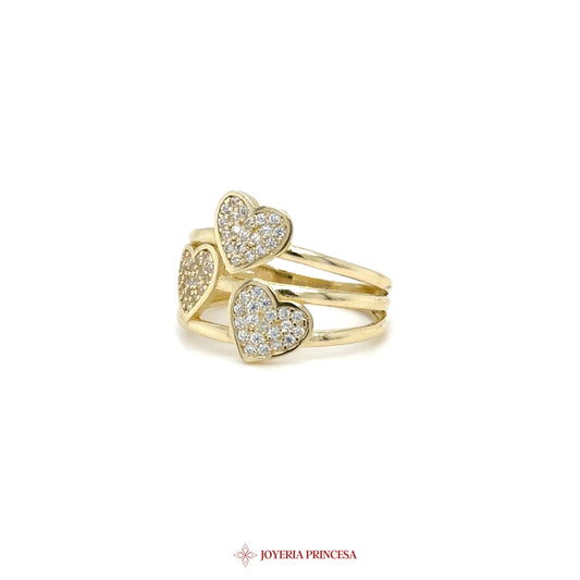 14K Gold Triple Heart Ring with CZ Stones