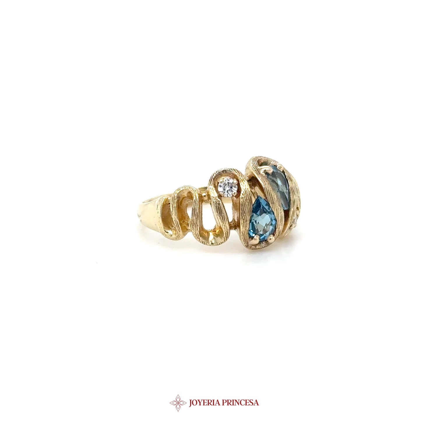 14K Gold Dangle Ring with Blue and Clear Stones
