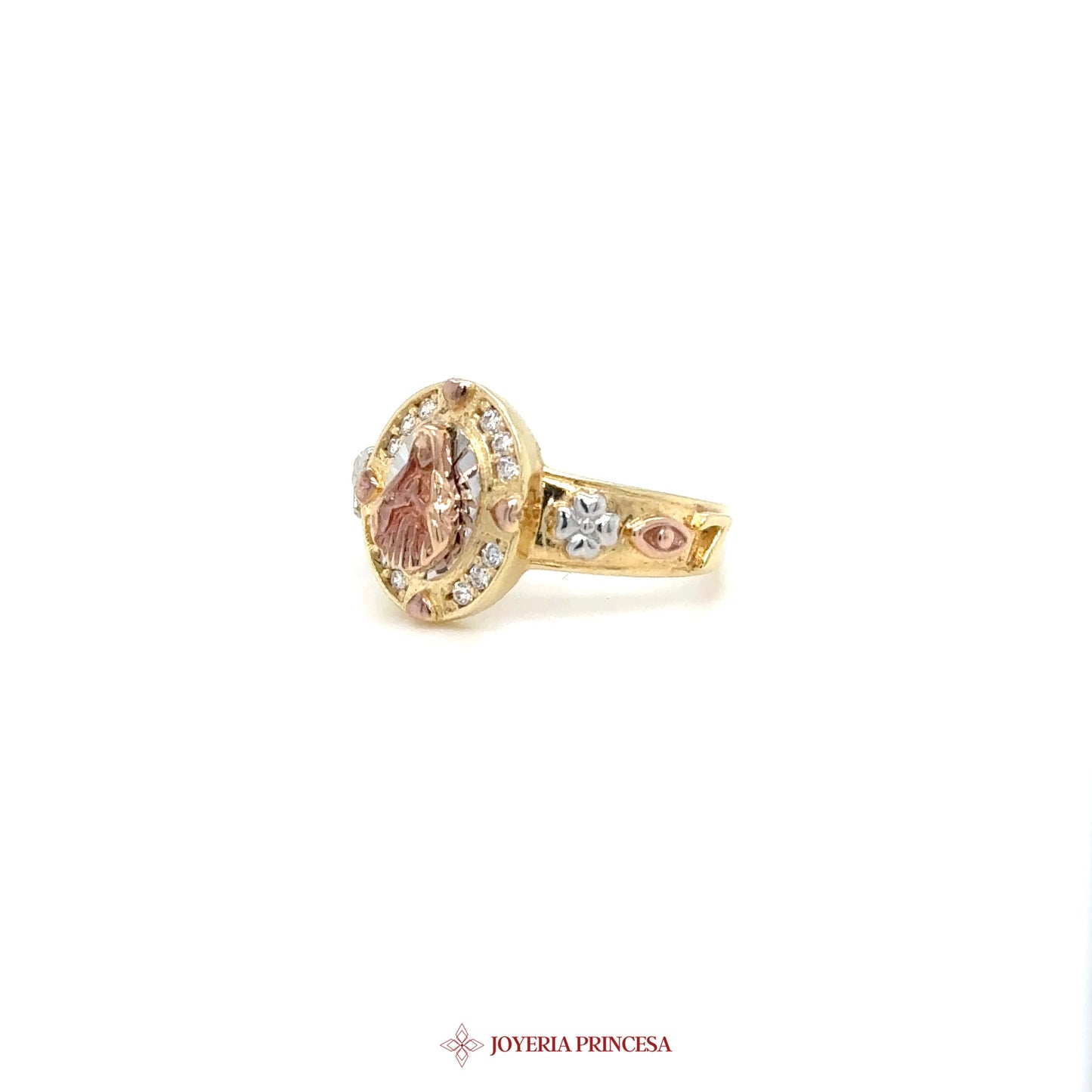 14K Yellow Gold Oval Ring with Pink Stone and CZ Accents