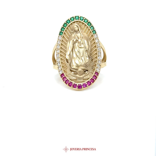 14K Gold Virgin Mary Ring with Multicolor Stones