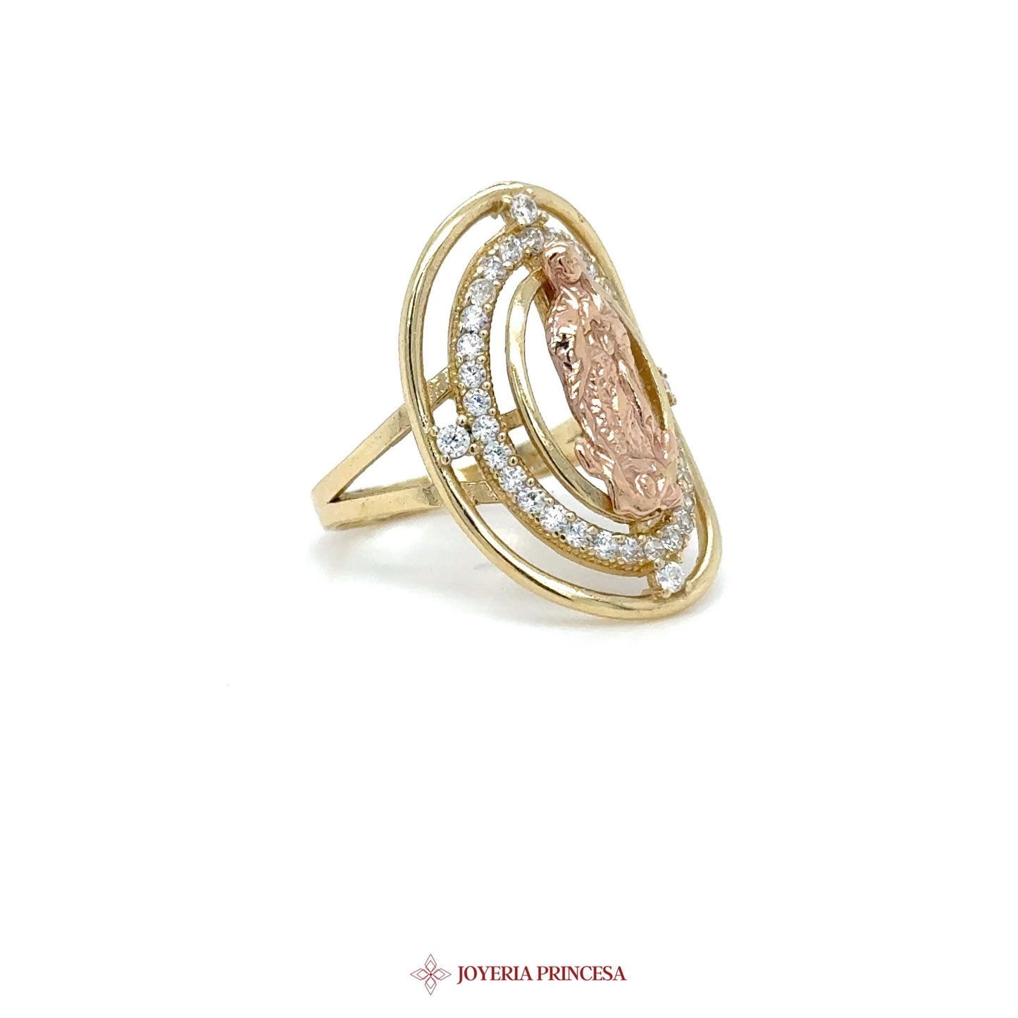 14K Gold Virgin Mary Oval Ring with CZ Accents