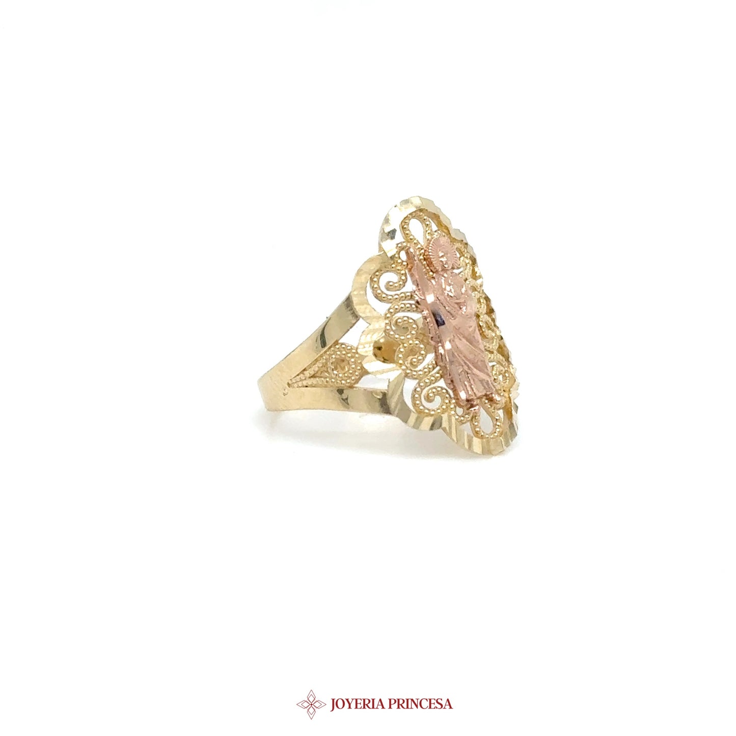 14K Yellow Gold Filigree Ring with Pink Accent