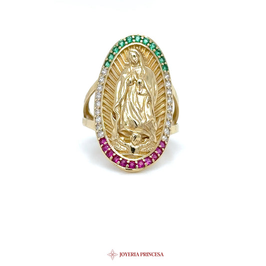 14K Gold Virgin Mary Ring with Colorful Stones