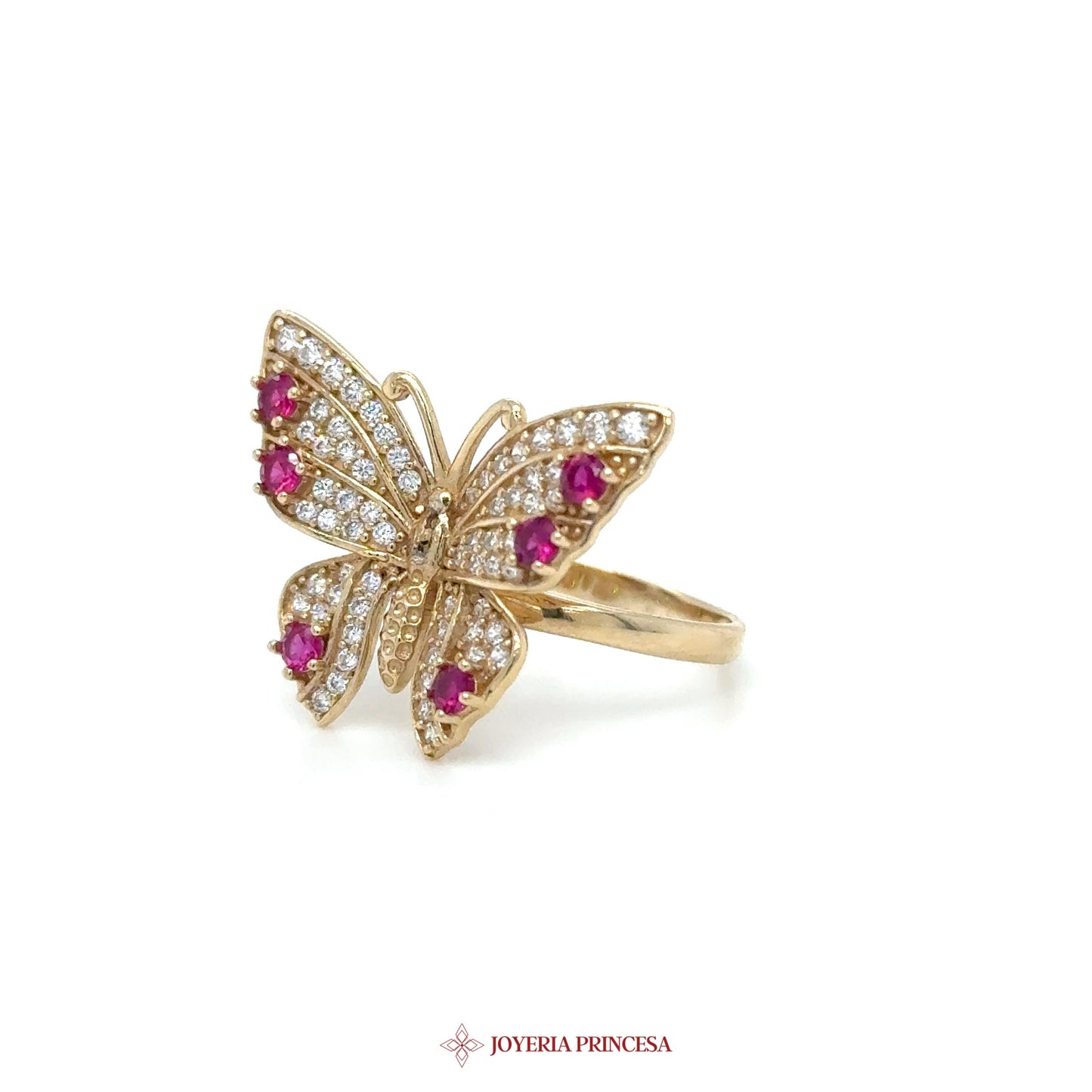 14K Gold Butterfly Ring with Ruby and CZ Stones