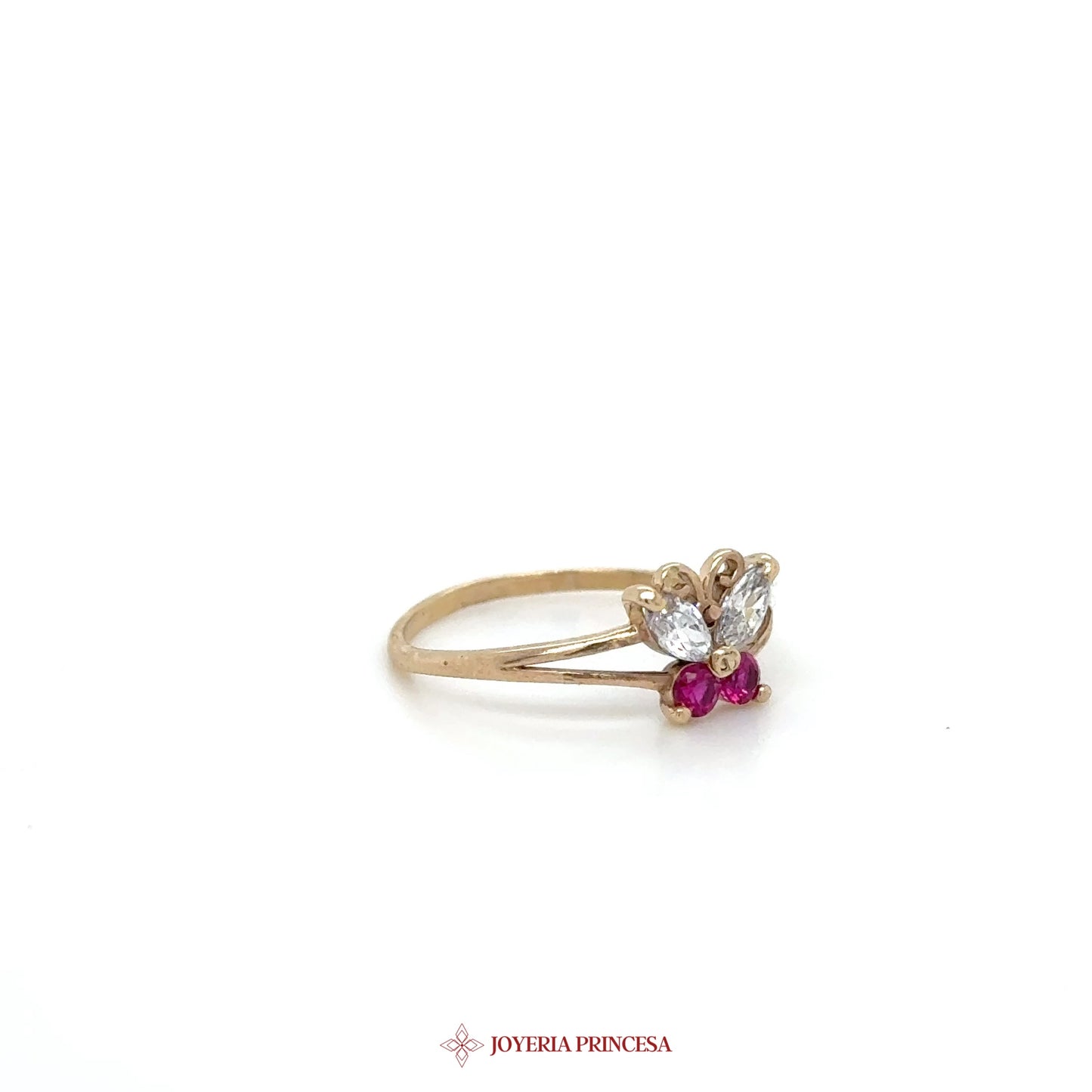 14K Gold Floral Design Ring with Rubies and CZ Stones