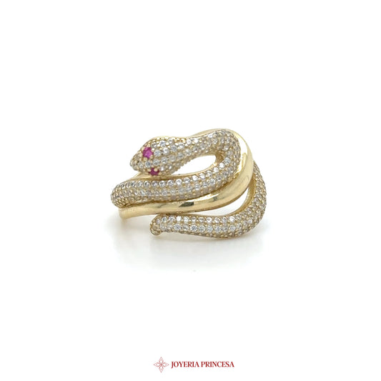 14K Gold Snake Wrap Ring with CZ and Ruby Accent