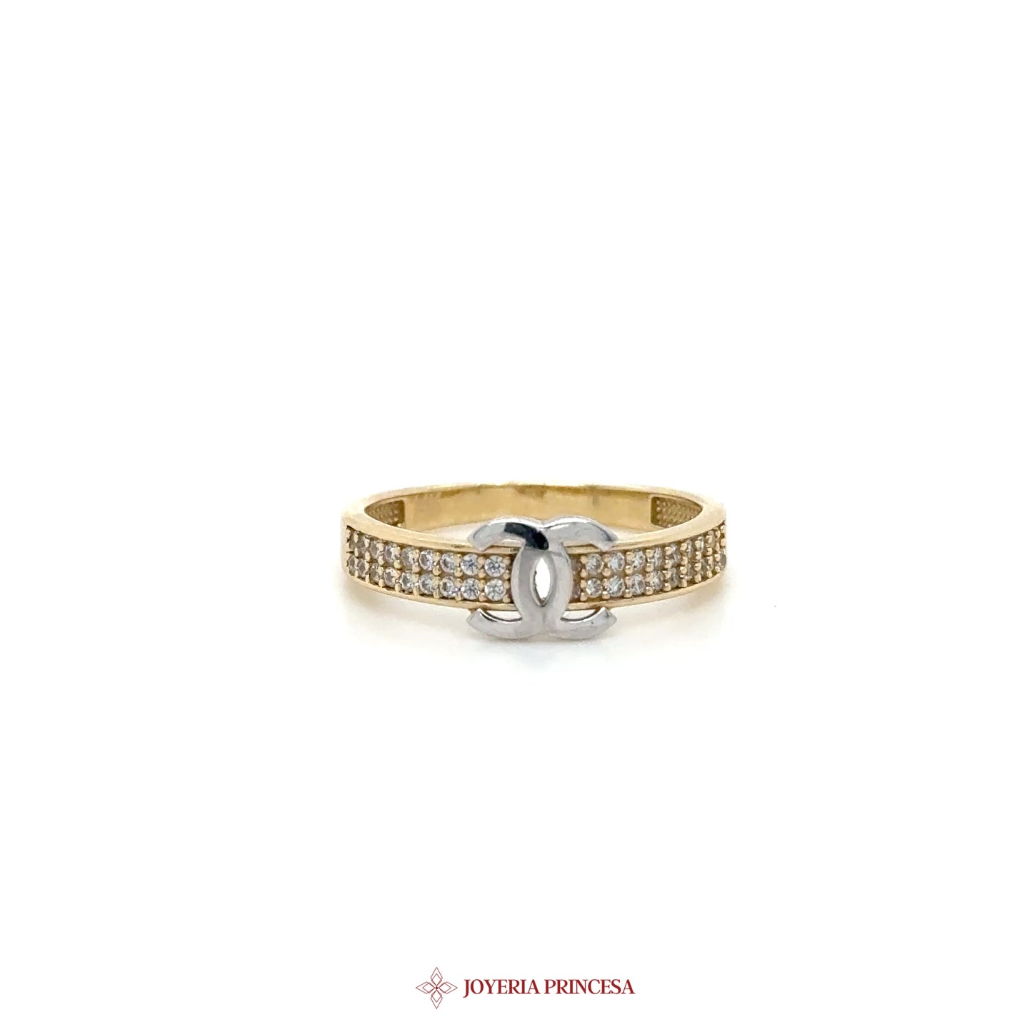 14K Gold Logo Band Ring with CZ Stones