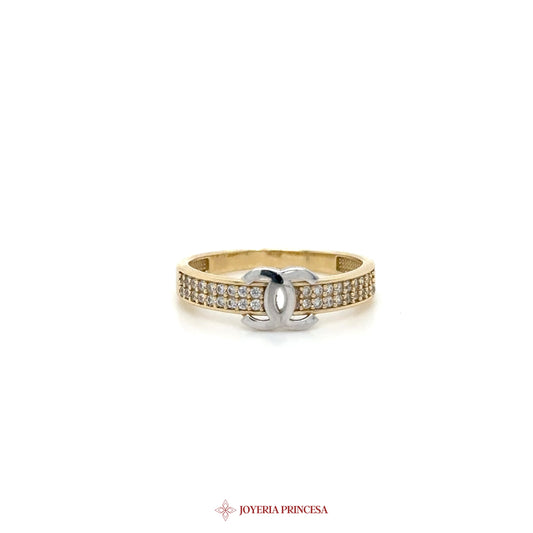 14K Gold Logo Band Ring with CZ Stones