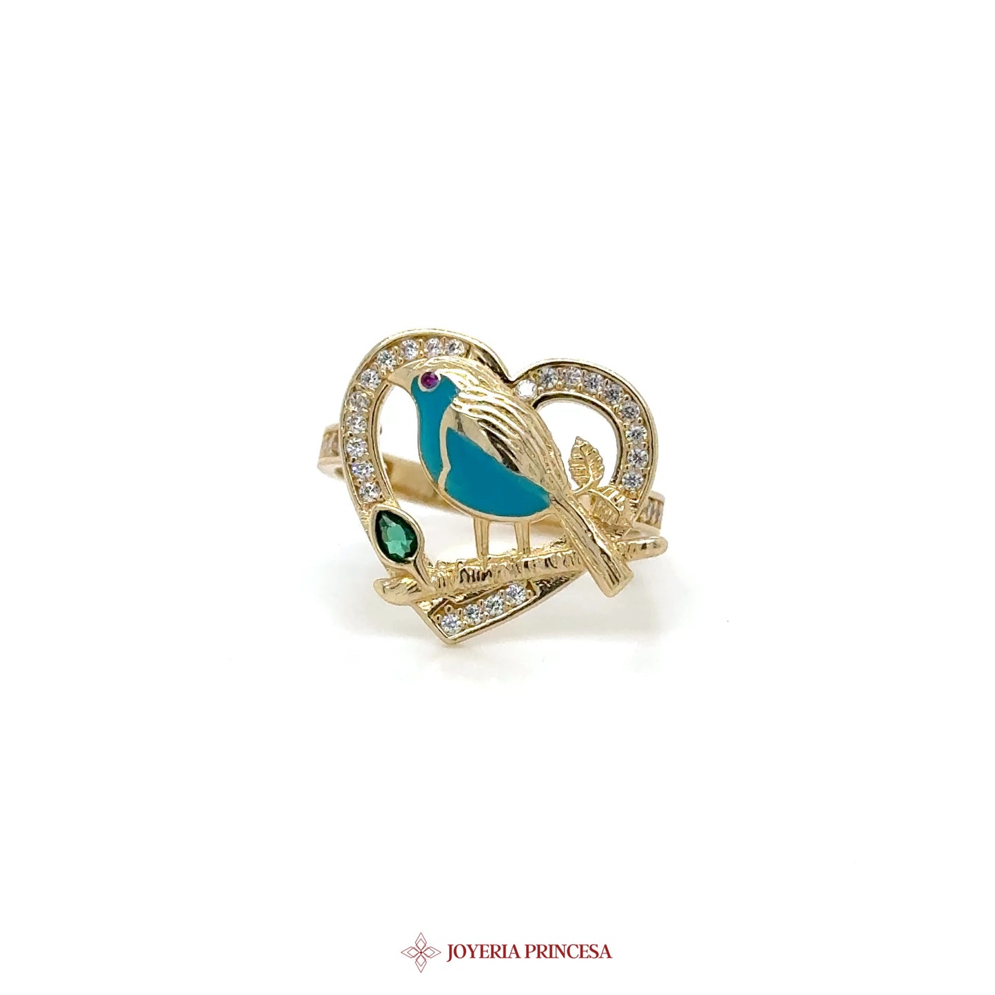 14K Gold Heart Bird Ring with Enamel and Stones