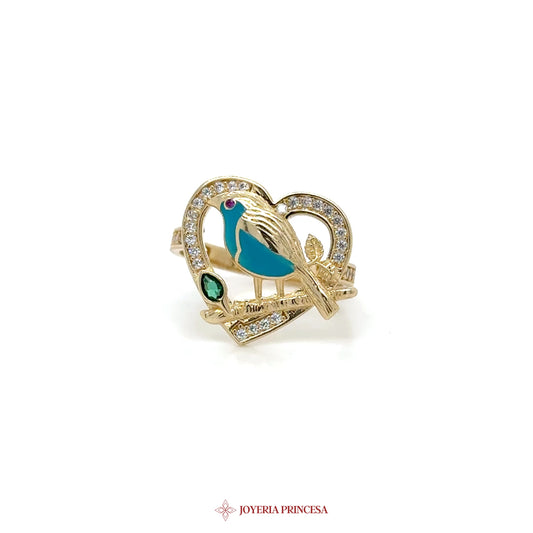 14K Gold Heart Bird Ring with Enamel and Stones